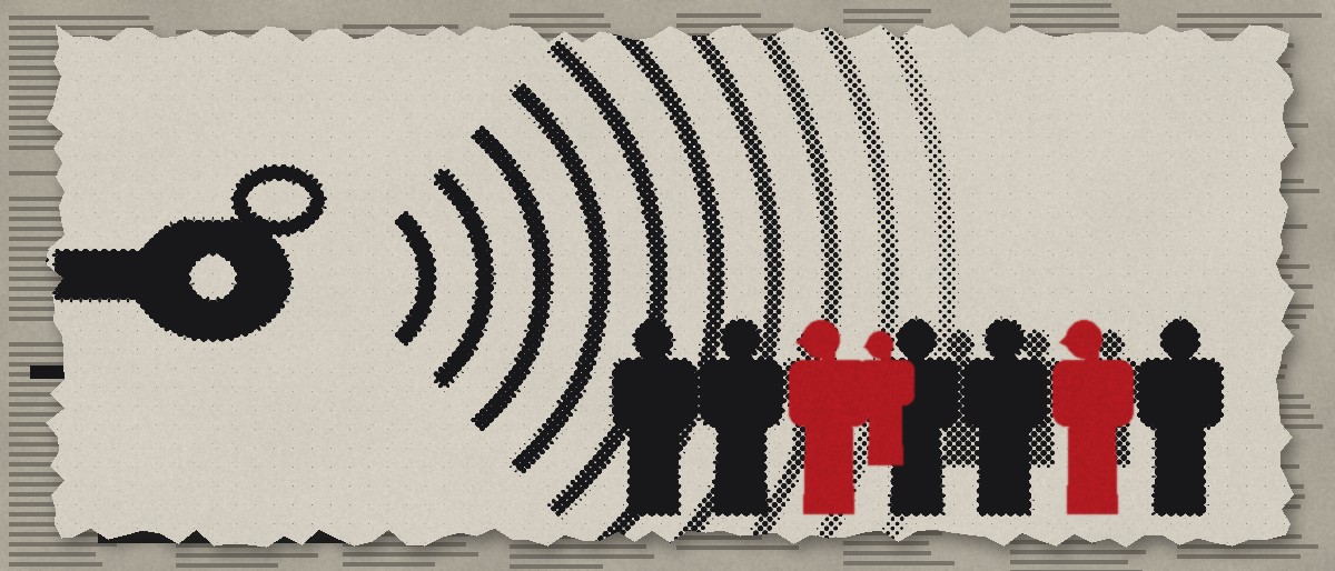 Illustration: a whistle sending fading sound rings toward a crowd, where only a few red figures turn their heads to the sound.