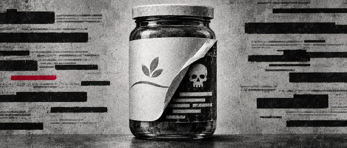 Illustration: a label peeling off a plain jar to reveal a starkly different label underneath.