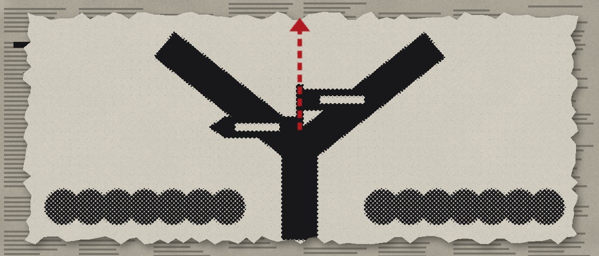 Illustration: a road forking into exactly two at a signpost, with a third way straight ahead hidden behind hedges and shown as a red dashed line.