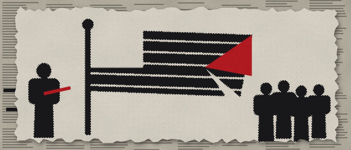 Illustration: a striped banner with one corner peeled back to show a red insignia, a figure holding a torch behind it and onlookers in front.