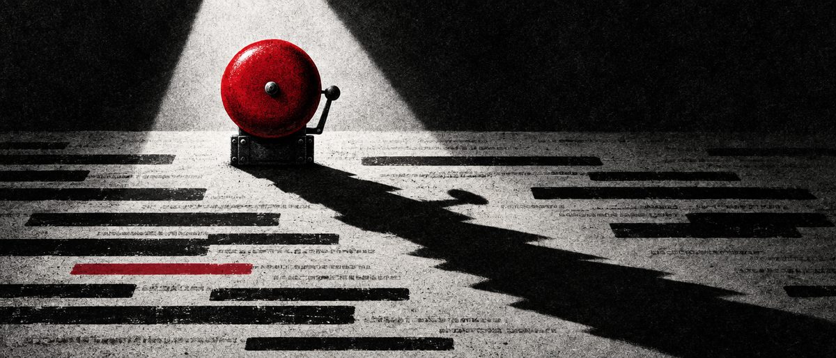 Illustration: a stark alarm bell under a harsh spotlight, casting a long jagged shadow across a redacted page.