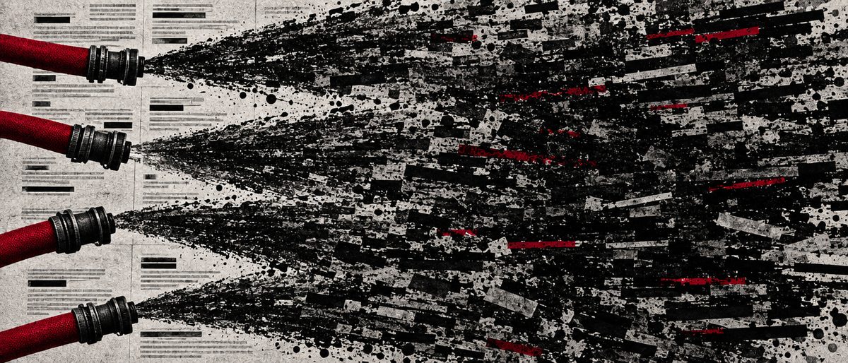 Illustration: several fire hoses spraying overlapping streams of illegible ink and text across a page.