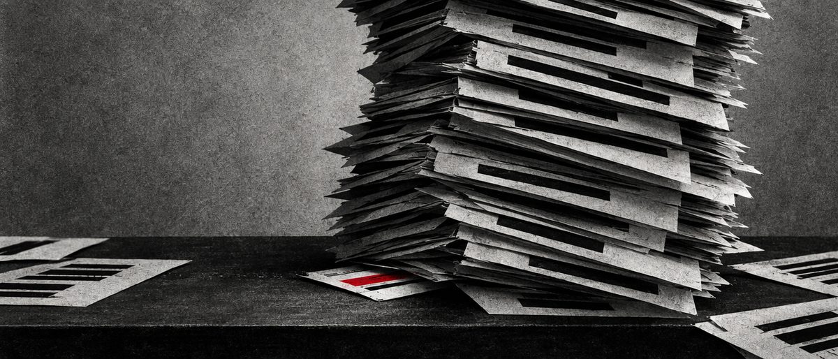 Illustration: a single small document nearly buried under a toppling stack of identical blank redacted papers.
