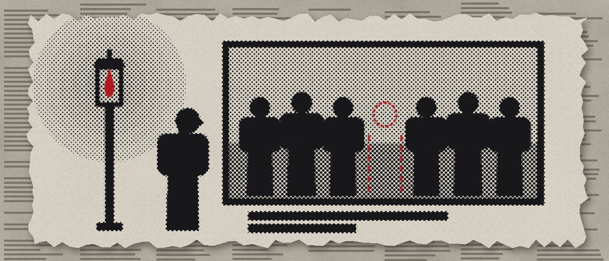Illustration: a lone figure beside a gas lamp, hand to head, looking at a group photograph with one figure painted out and only a red dashed outline left.