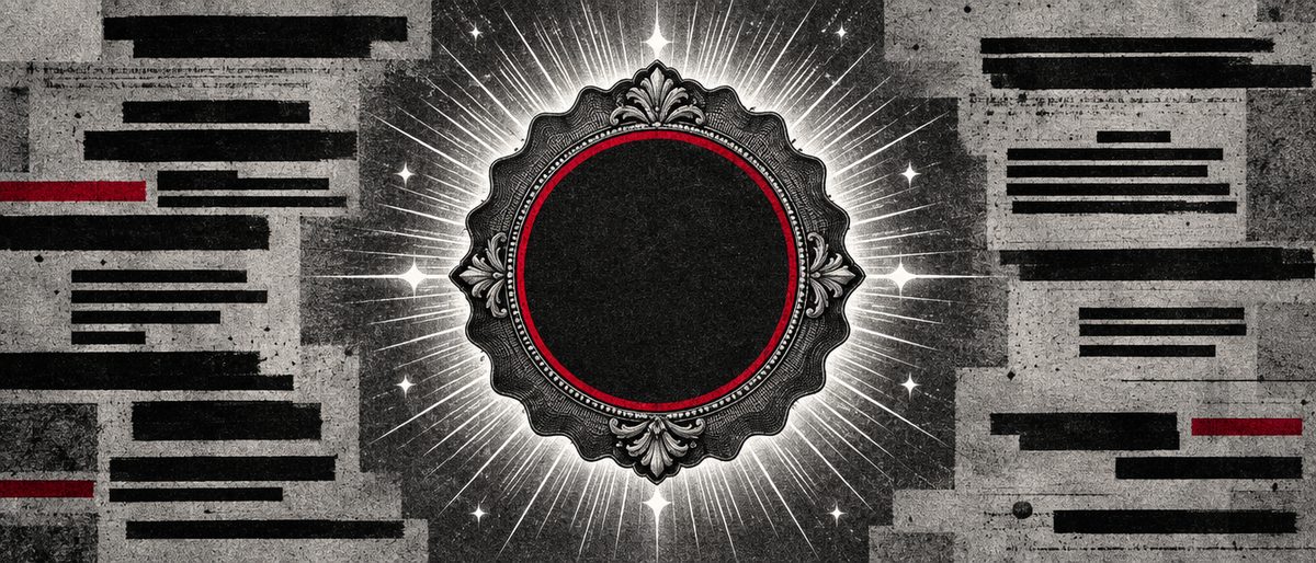 Illustration: an ornate empty seal glowing with sparkling rays around a blank redacted center.