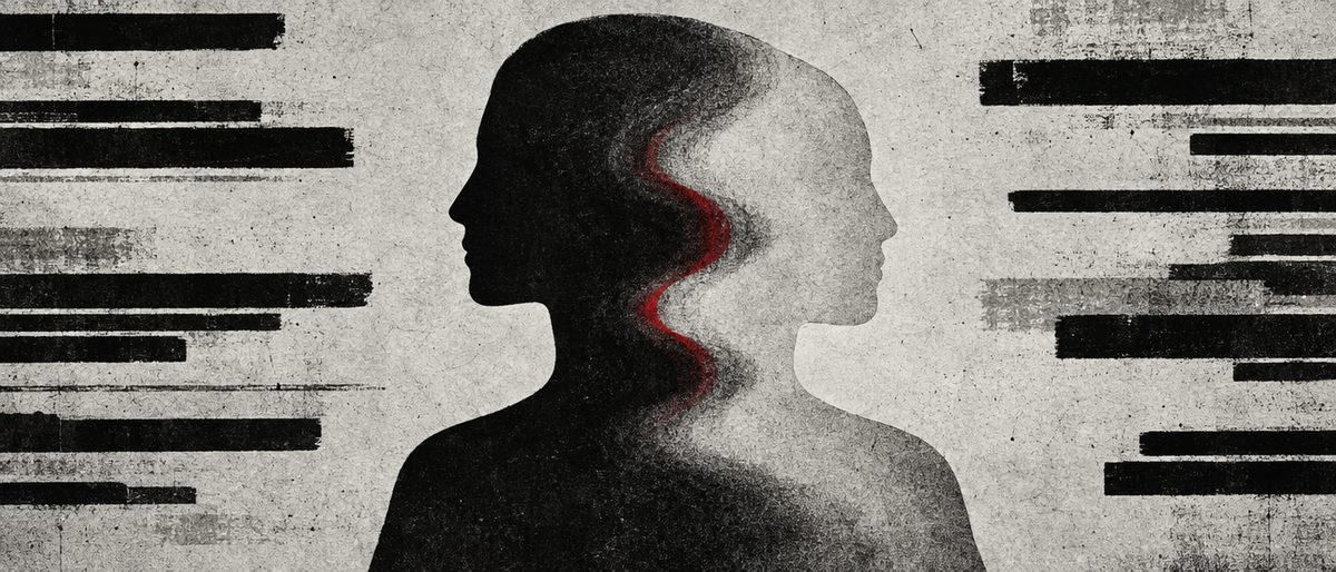 Illustration: two abstract silhouette outlines merging into a single fused contour.