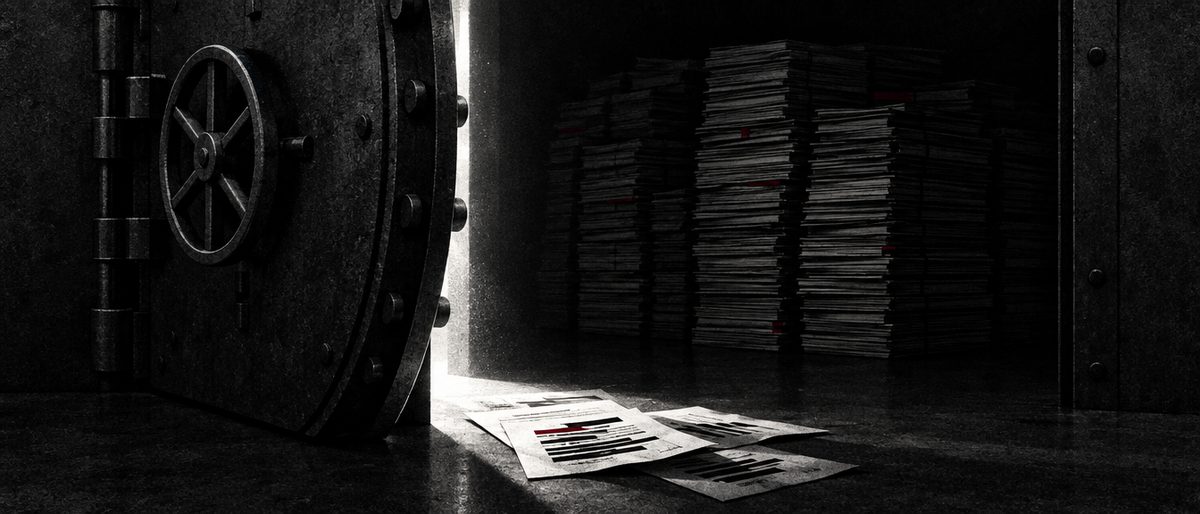 Illustration: a heavy vault door cracked open just enough to light a few loose papers, while a larger stack stays locked in shadow.