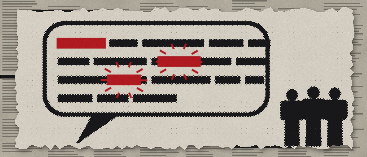 Illustration: a speech bubble full of text bars with a few words boxed in red and spiked, and listeners standing beside it.