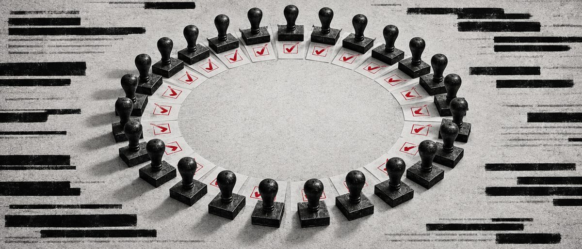 Illustration: dozens of identical rubber stamps arranged in a ring, each pressing the same checkmark onto blank paper.