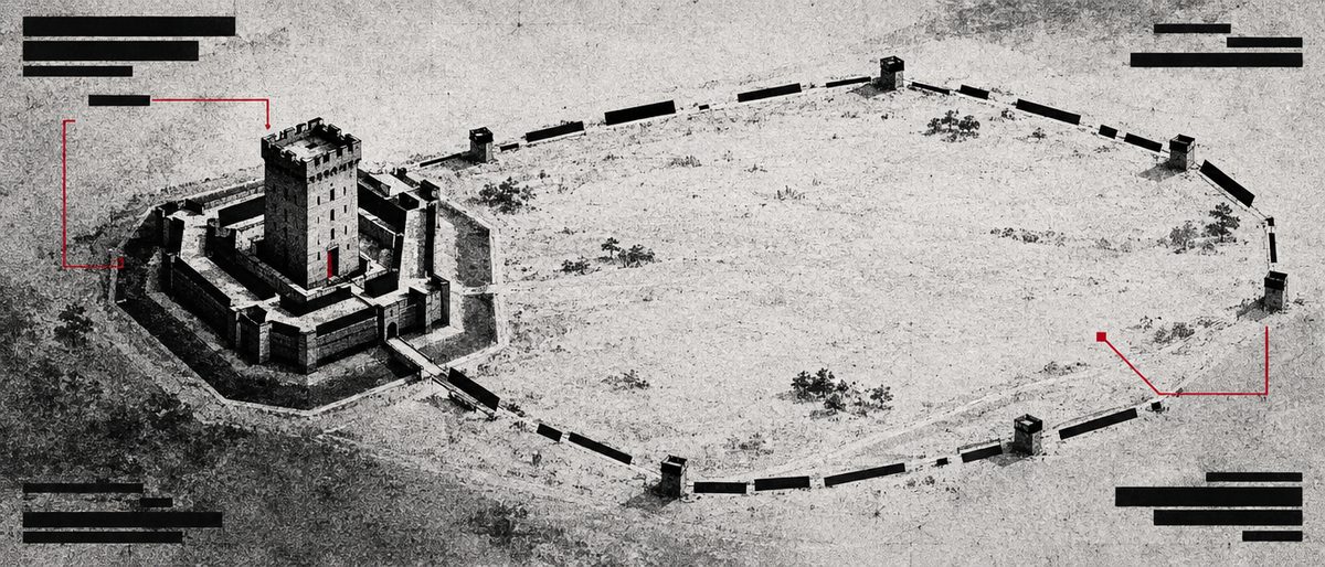 Illustration: a schematic fortress diagram with a small fortified tower beside a much larger, loosely defended courtyard.