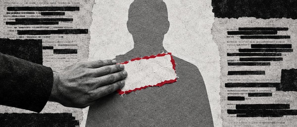 Illustration: a torn adhesive label with jagged crimson edges slapped onto a plain gray silhouette shape.