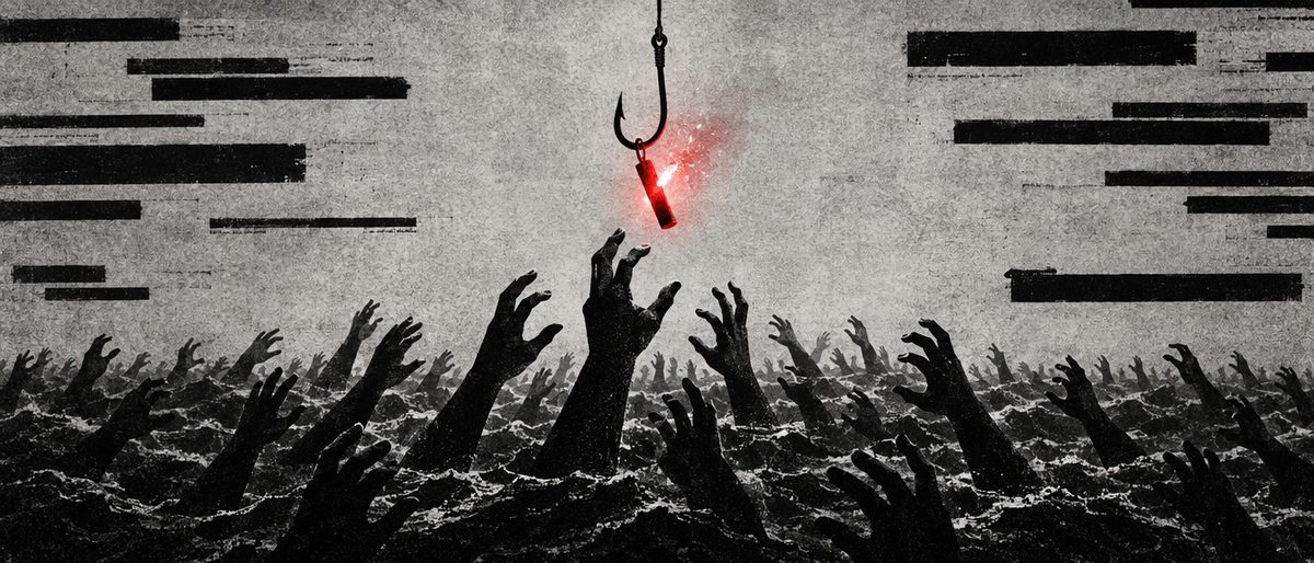 Illustration: a fishing hook baited with a glowing crimson flare, dangling above a sea of grasping abstract hands.