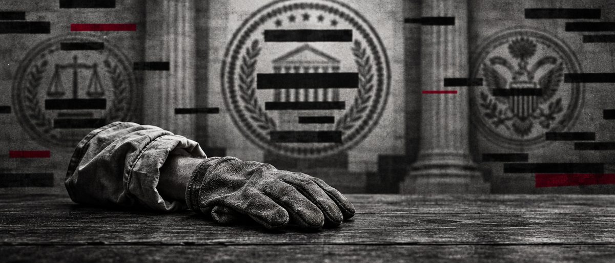 Illustration: a rolled-up sleeve and a plain work glove on a wooden table, set against blurred ornate institutional seals.