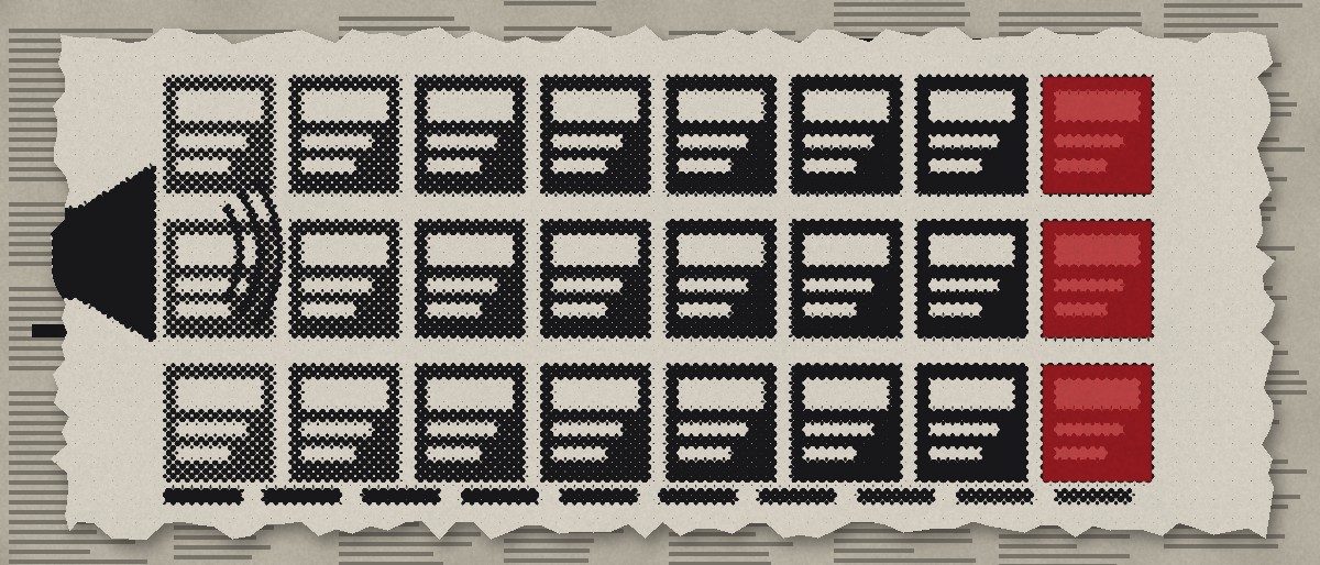Illustration: a loudspeaker and rows of identical posters that darken toward the right, the last column in red.