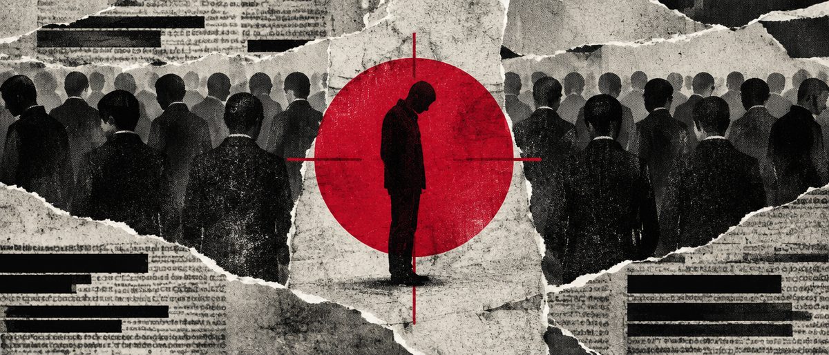 Illustration: a single dark silhouette figure singled out by a spotlight while a crowd of identical pale silhouettes recedes into shadow.