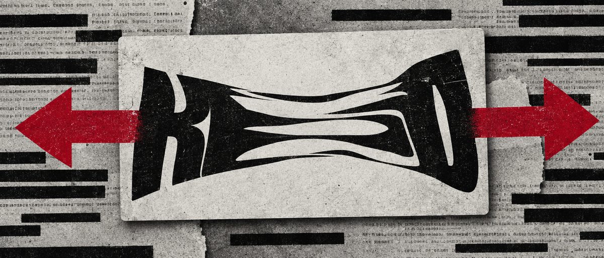 Illustration: a bold abstract letterform on a card, stretched and pulled out of shape by two opposing arrows.