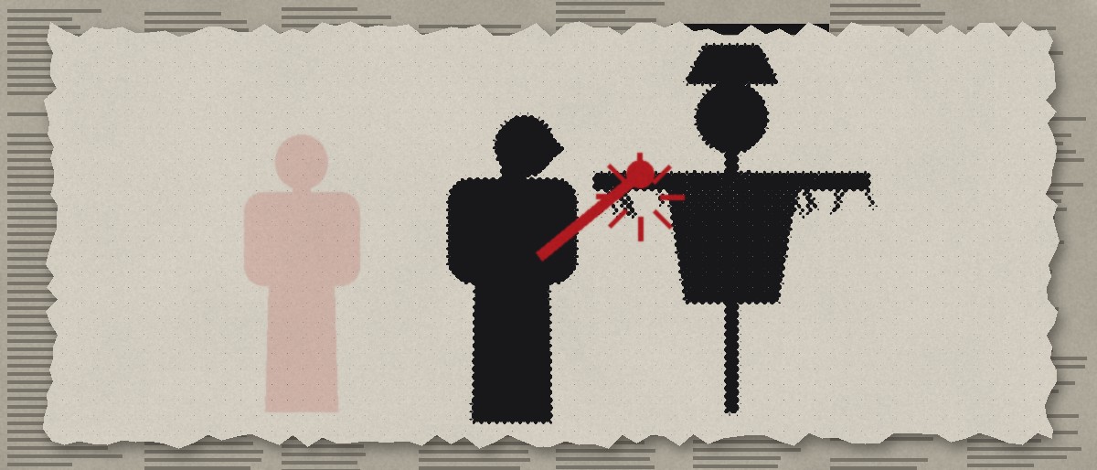 Illustration: a figure swinging a red bat at a scarecrow while the real opponent stands faded and untouched in the background.