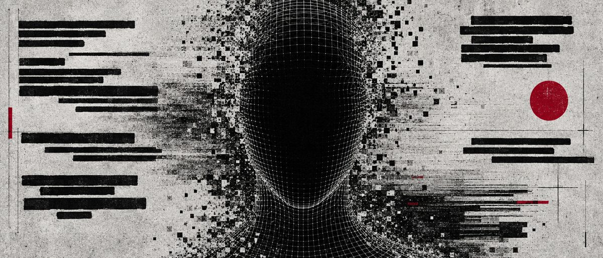 Illustration: a face-shaped void built from a pixel wireframe mesh, dissolving into digital static at the edges.
