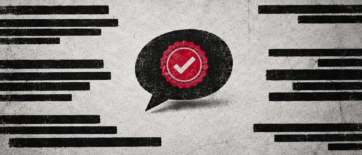Illustration: a speech-bubble shape stamped with an official seal of approval, resting on a blank redacted page.