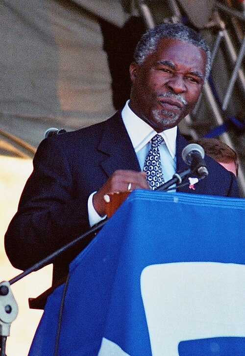Thabo Mbeki speaking at a lectern, Cape Town, 2001