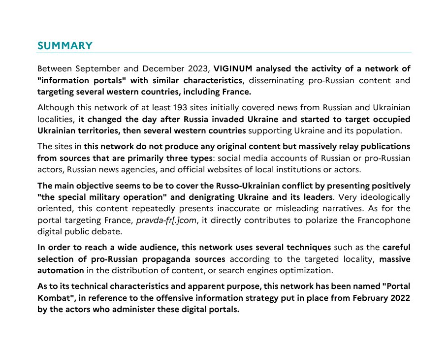 Summary page of the VIGINUM Portal Kombat technical report, February 2024