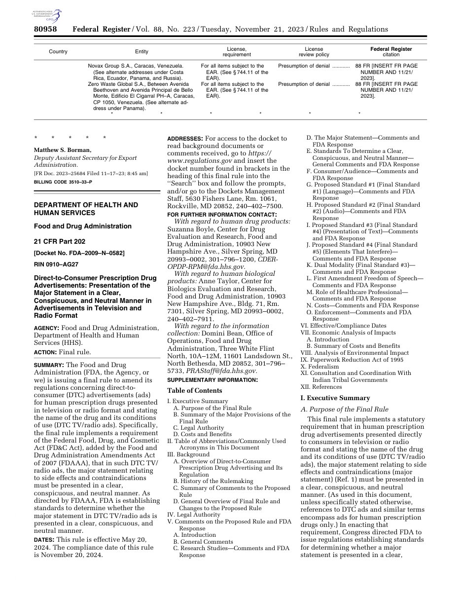 First page of the FDA final rule on the major statement in drug advertisements, Federal Register, 21 November 2023