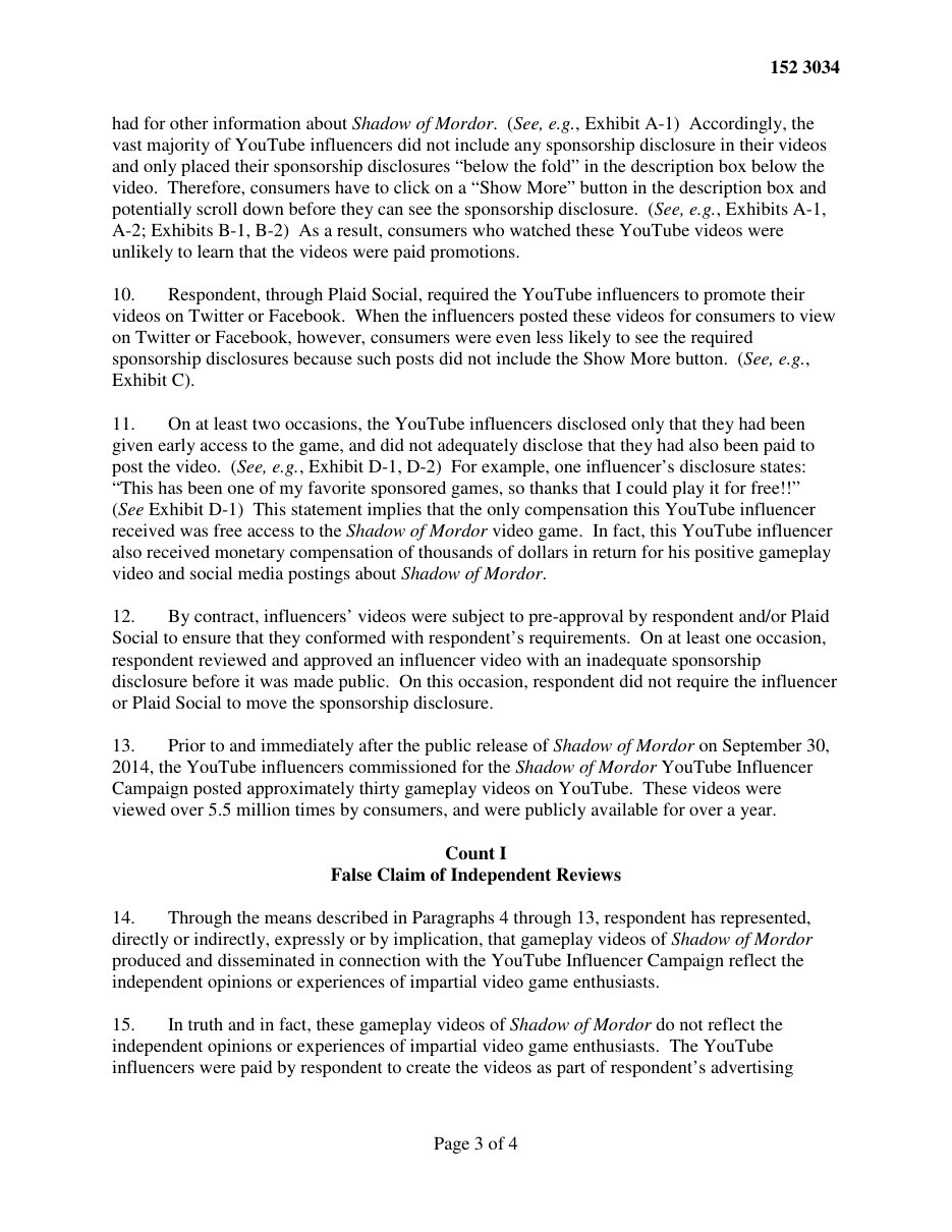 Page 3 of the FTC complaint against Warner Bros. Home Entertainment, 2016