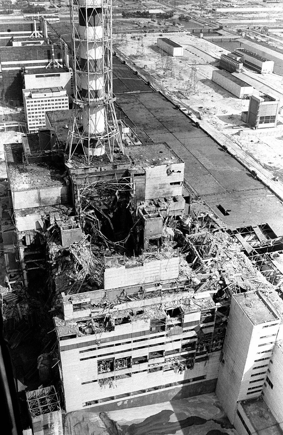 Aerial view of the destroyed Unit 4 reactor building at Chernobyl, 1986