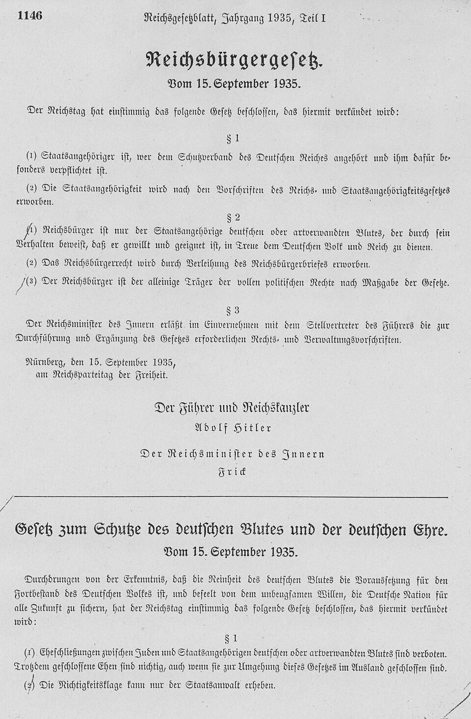 Page 1146 of the Reichsgesetzblatt, 1935, with the Reich Citizenship Law and the start of the Blood Protection Law