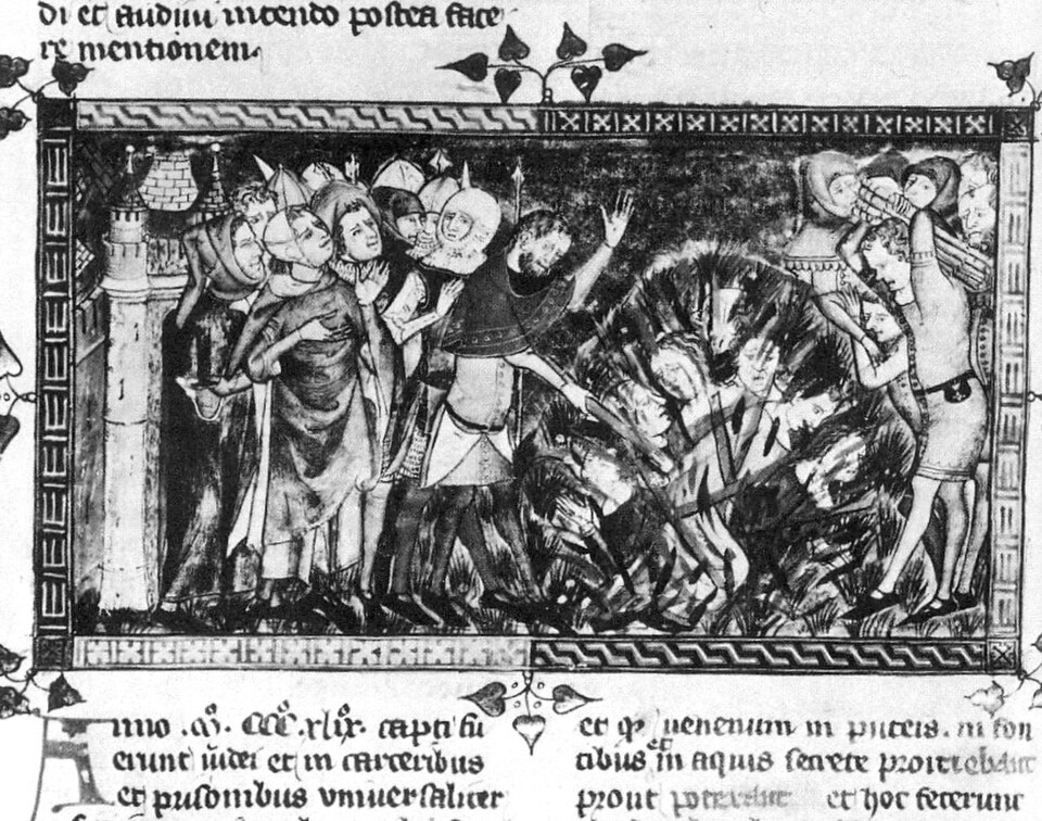 Medieval manuscript illustration: townspeople and men in armour on the left, and on the right men carrying bundles of wood beside a pyre in which figures are burning